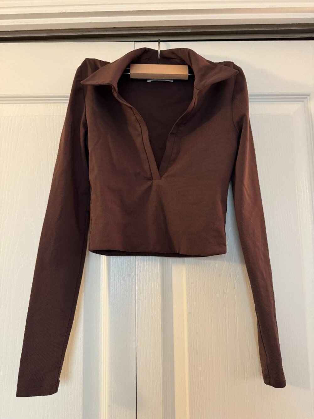 Brown V-Neck Long Sleeve Top